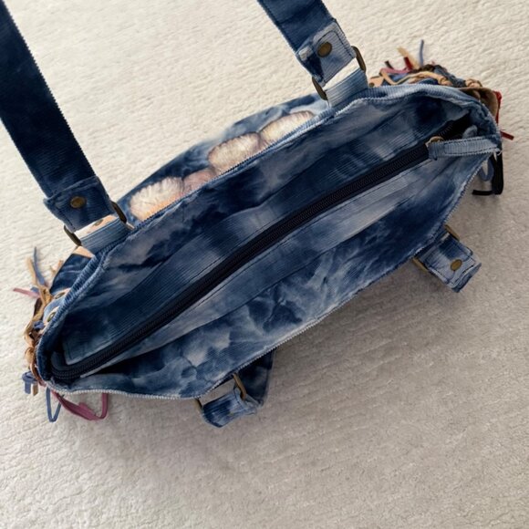 Tie-Dye Dog Print Corduroy Tote Bag With Fringe Details Zipper Pocket - Picture 12 of 13